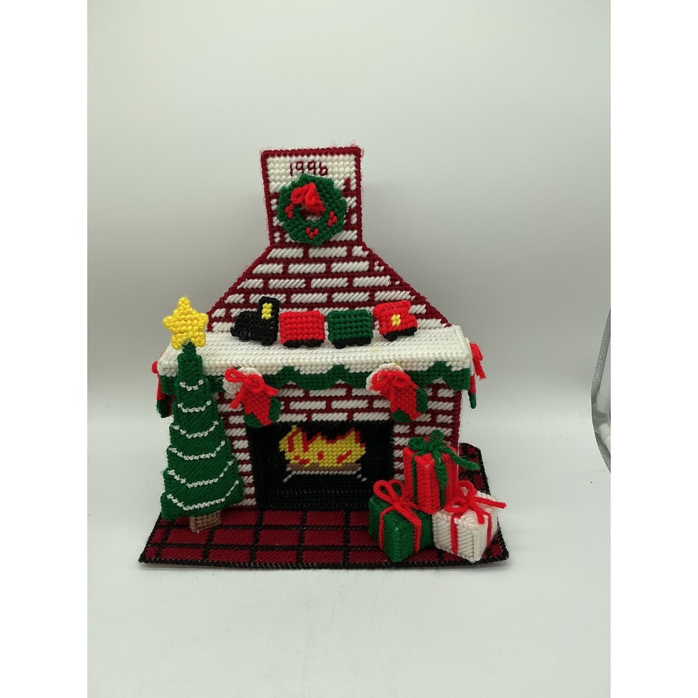 Vintage 1996 Handmade Plastic Canvas Christmas Fireplace Decor Handmade Retro